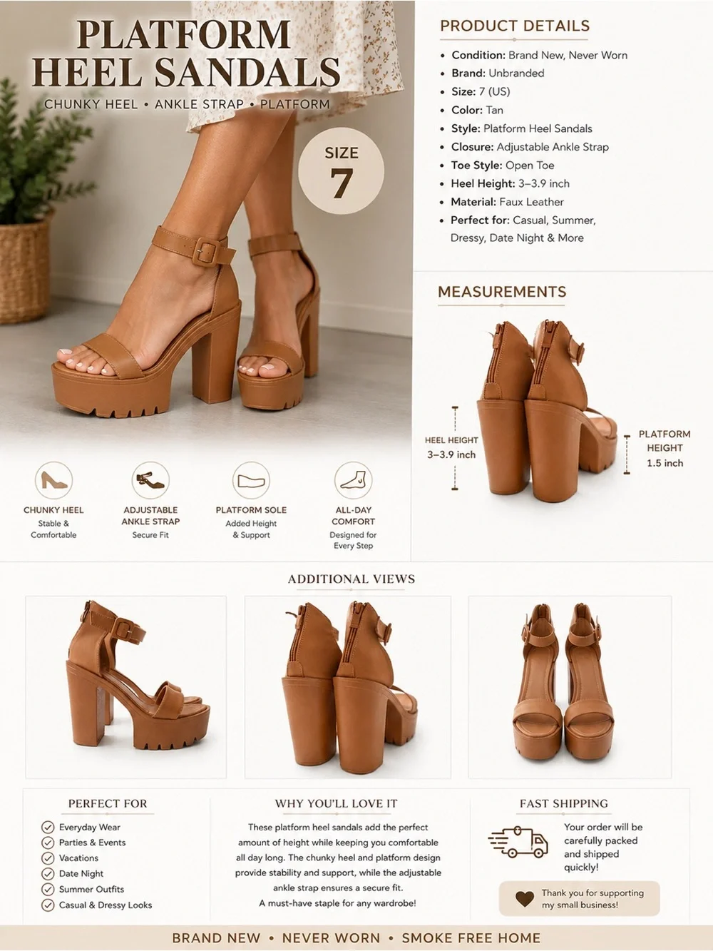 NWOT Tan Platform Block Heel Sandals Size 7